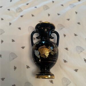Vintage Black and Gold Decorative Two-Handled Vase with Bird Motif
